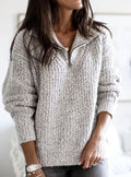 Women's Cable-Knit V-Neck Quarter-Zip Ribbed Sweater - Grey