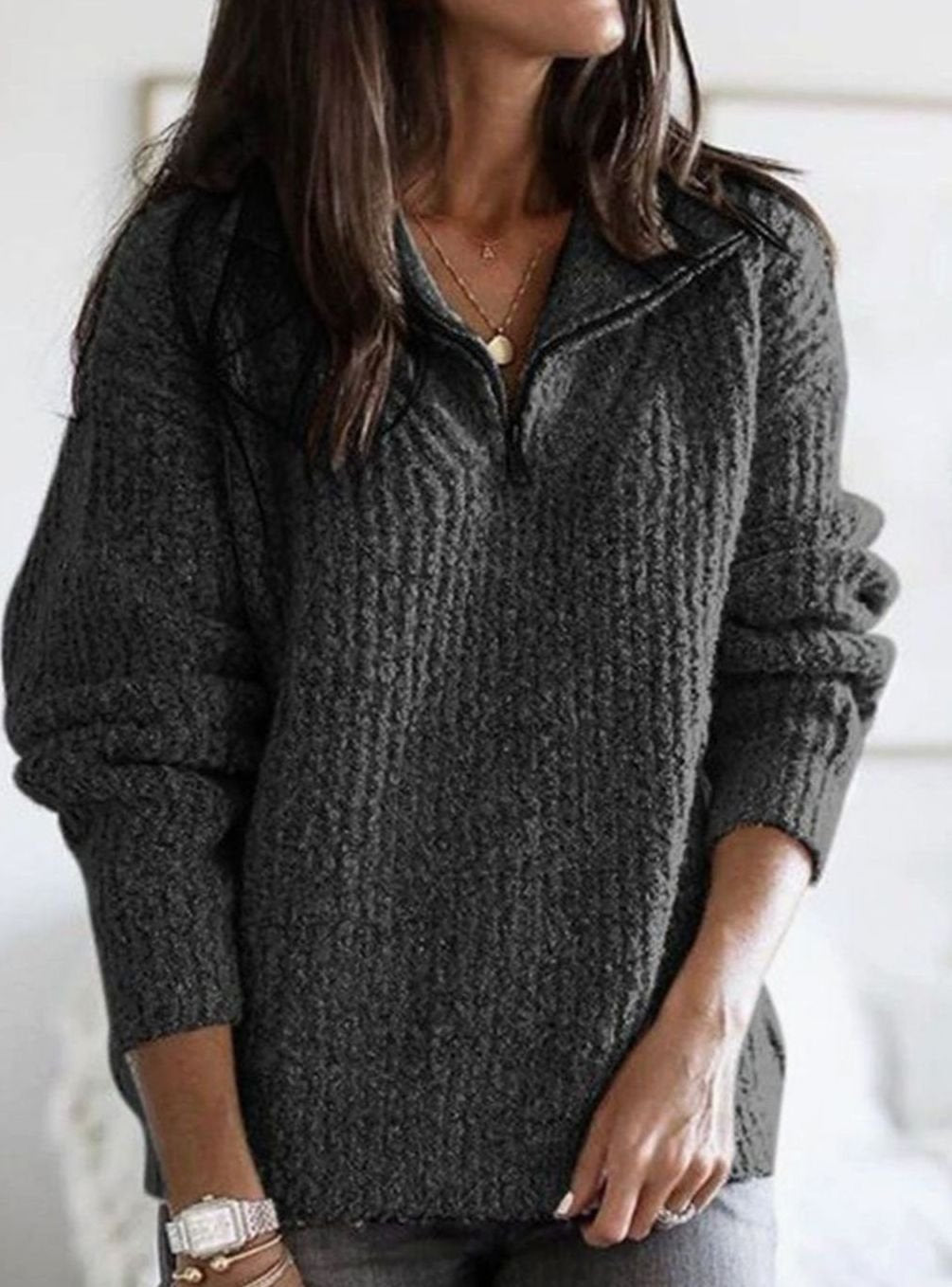 Women's Cable-Knit V-Neck Quarter-Zip Ribbed Sweater - Dark Grey