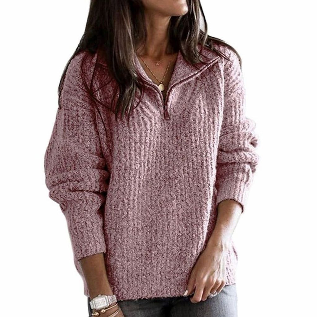 Women's Cable-Knit V-Neck Quarter-Zip Ribbed Sweater - Pink