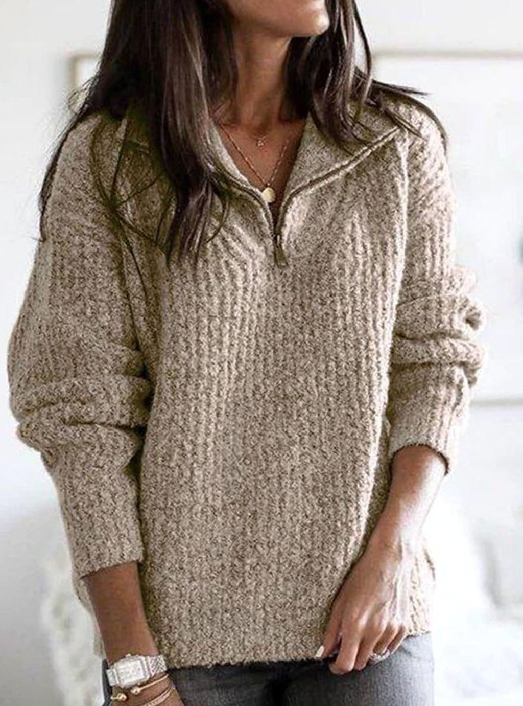 Women's Cable-Knit V-Neck Quarter-Zip Ribbed Sweater - Khaki