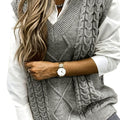 Women's Cable-Knit V-Neck Sweater Vest Relaxed Pullover - Gray