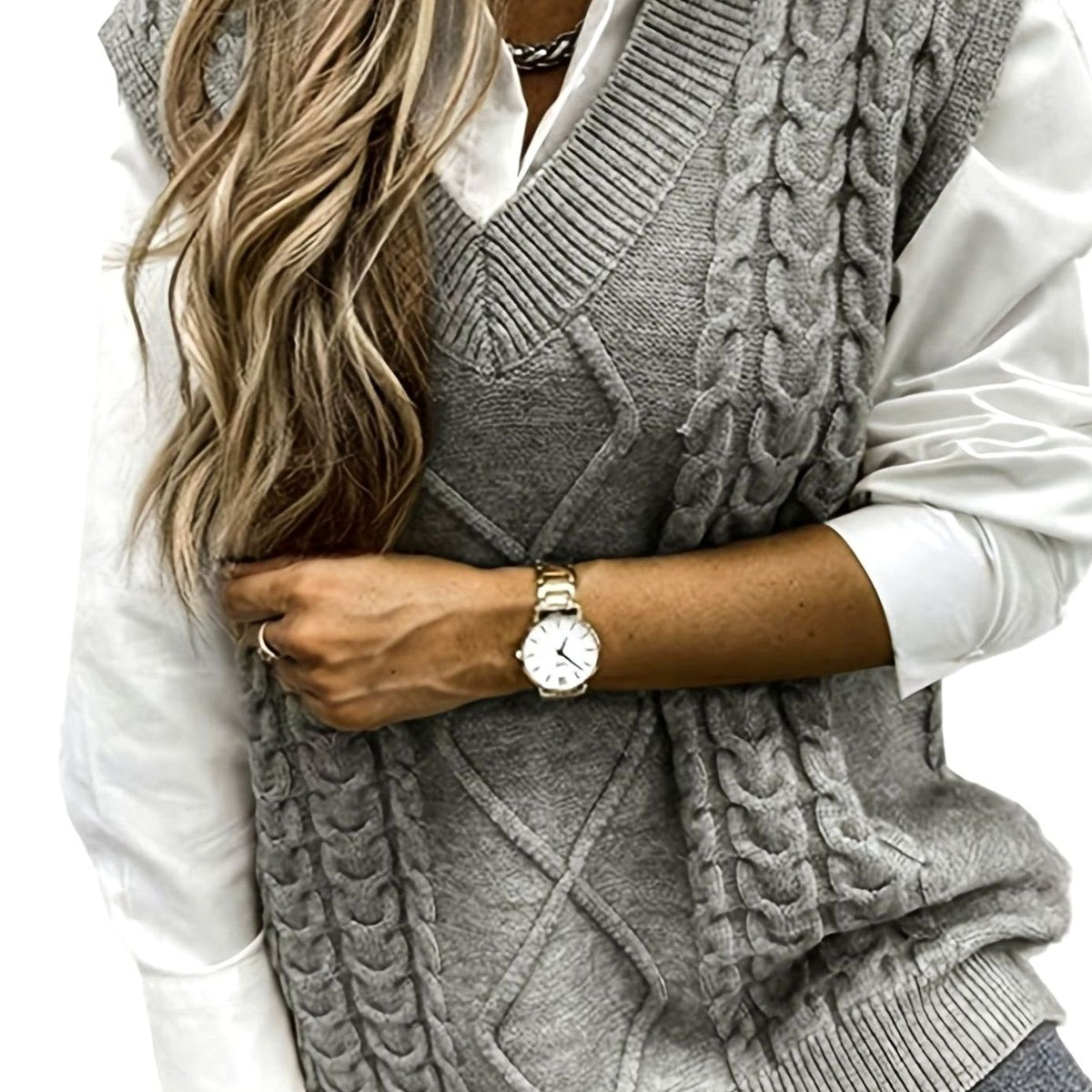 Women's Cable-Knit V-Neck Sweater Vest Relaxed Pullover - Gray