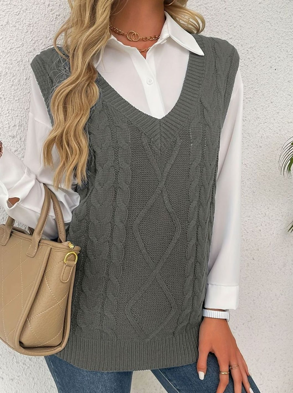 Women's Cable-Knit V-Neck Sweater Vest Relaxed Pullover
