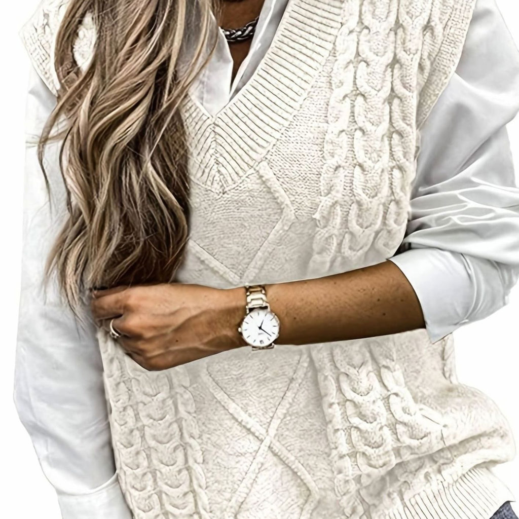 Women's Cable-Knit V-Neck Sweater Vest Relaxed Pullover - Cream