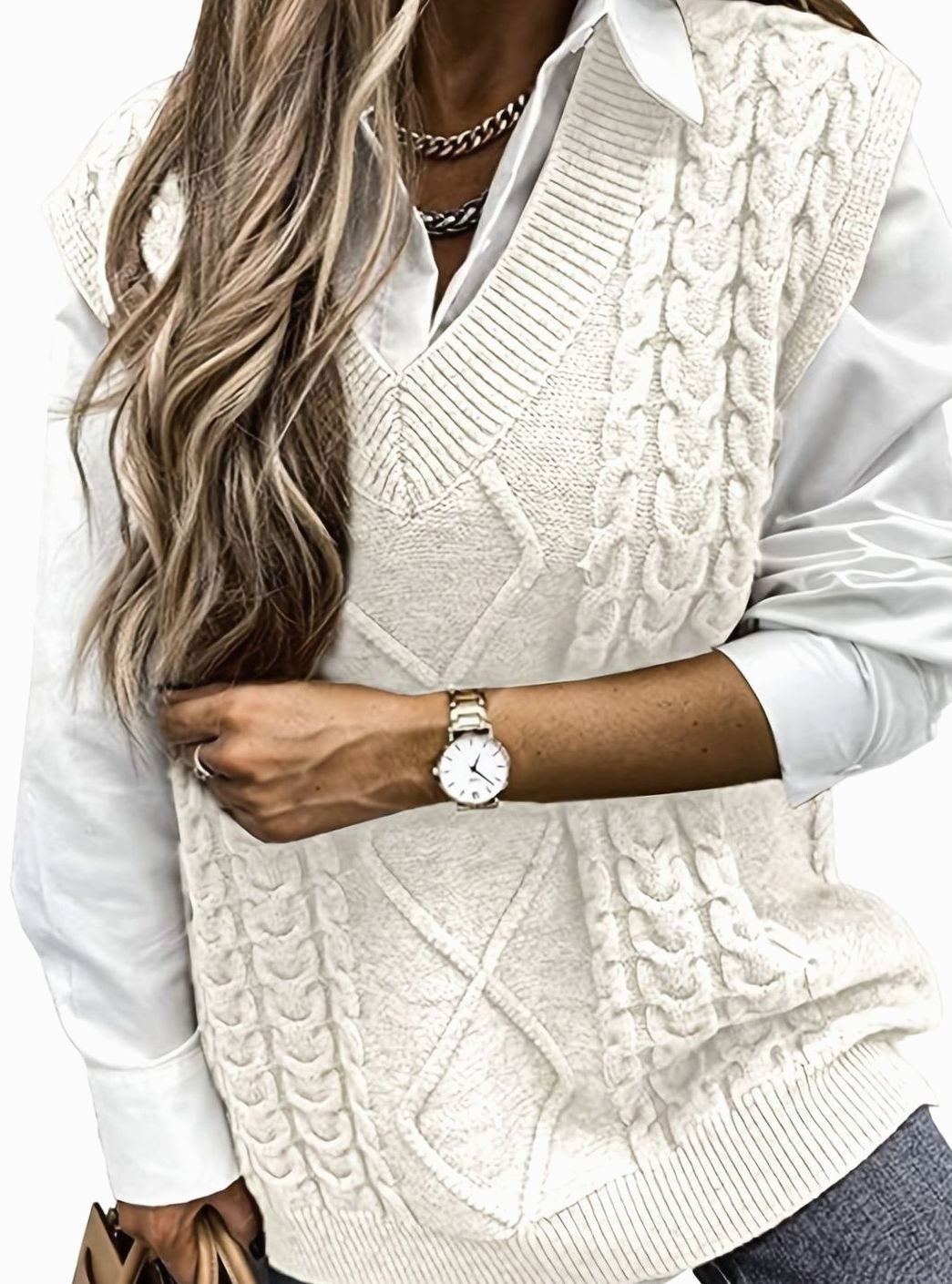 Women's Cable-Knit V-Neck Sweater Vest Relaxed Pullover