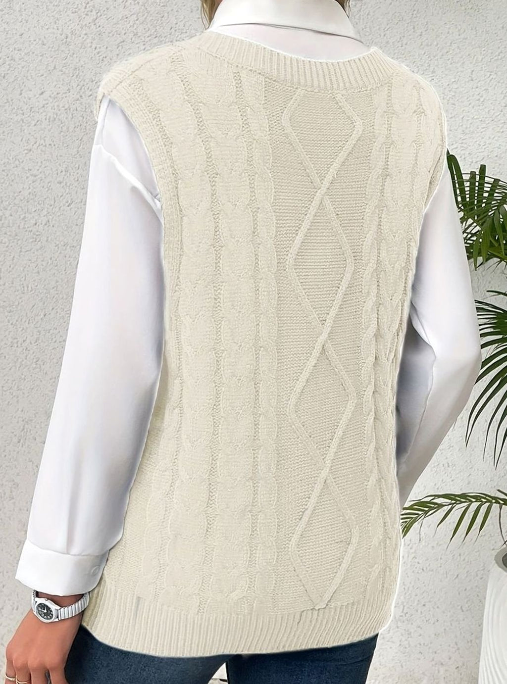 Women's Cable-Knit V-Neck Sweater Vest Relaxed Pullover