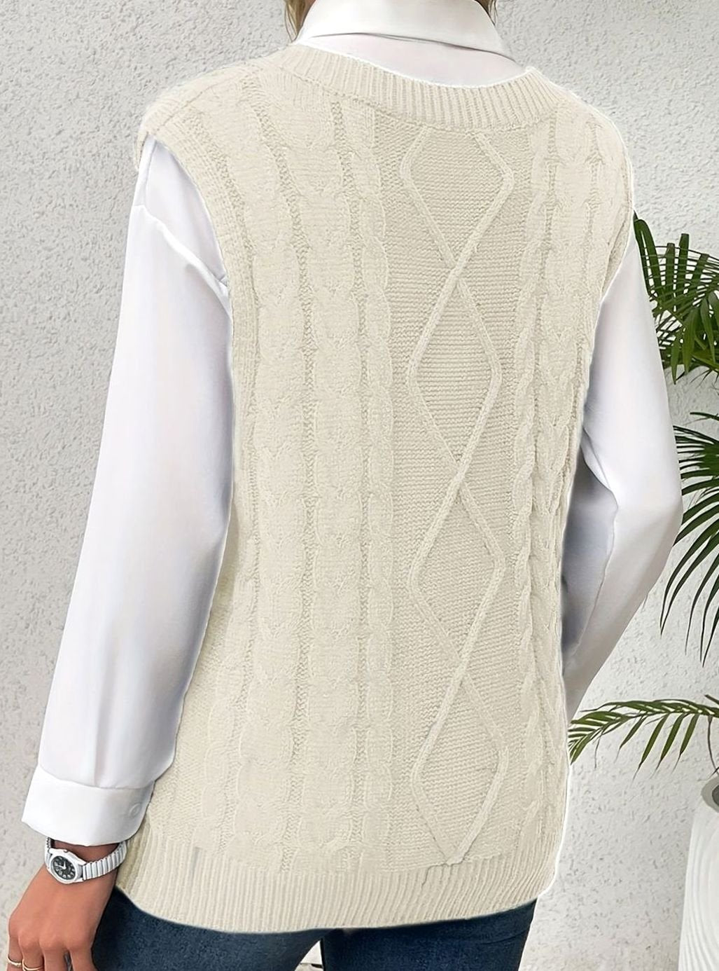 Women's Cable-Knit V-Neck Sweater Vest Relaxed Pullover