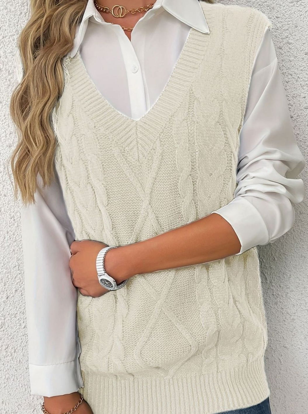 Women's Cable-Knit V-Neck Sweater Vest Relaxed Pullover