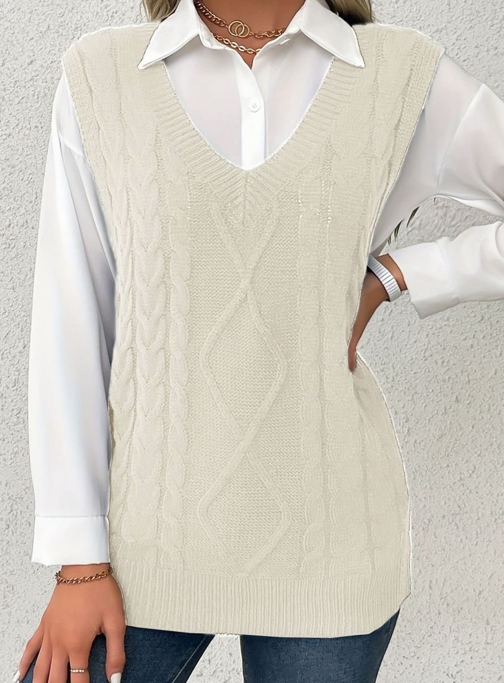 Women's Cable-Knit V-Neck Sweater Vest Relaxed Pullover