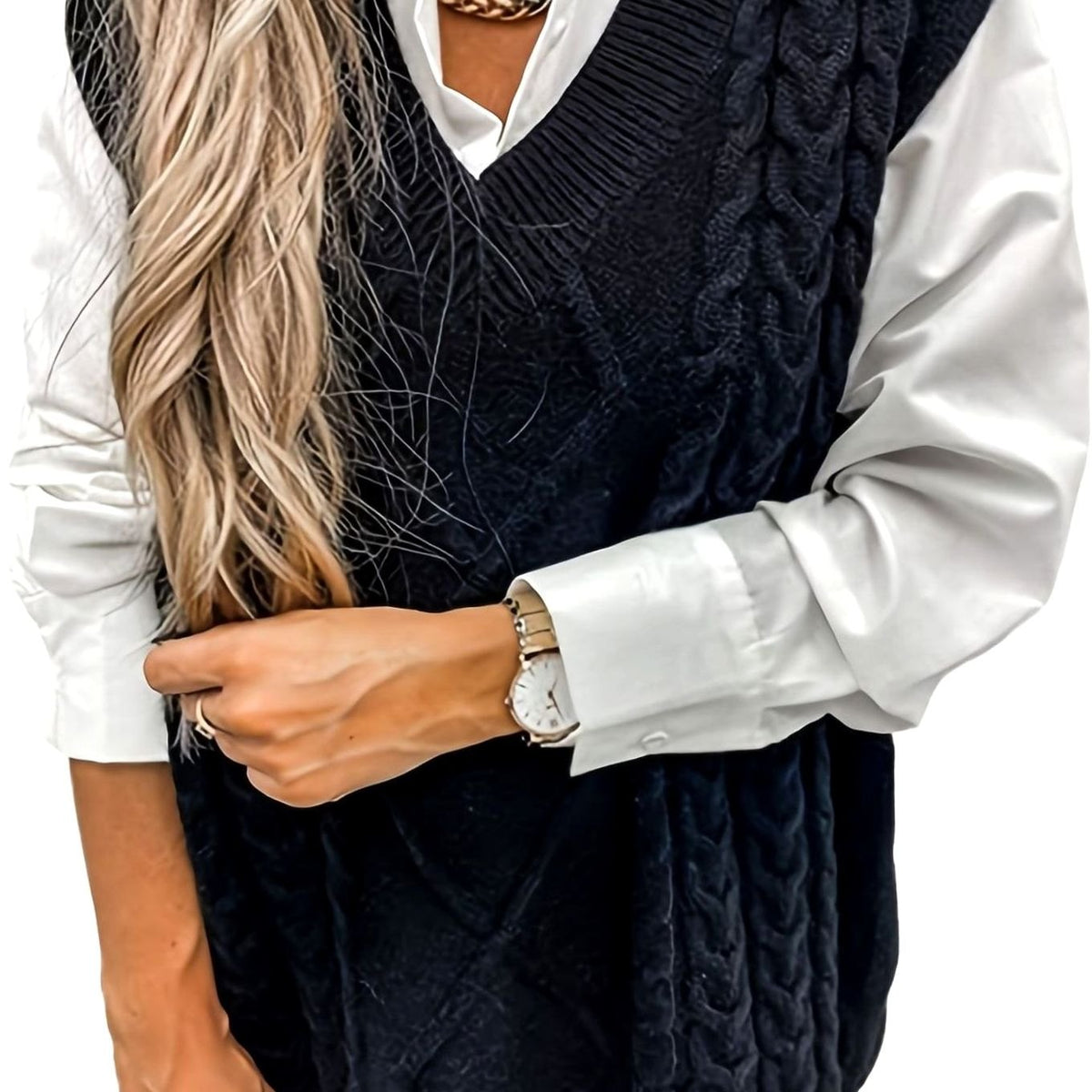 Women's Cable-Knit V-Neck Sweater Vest Relaxed Pullover - Black