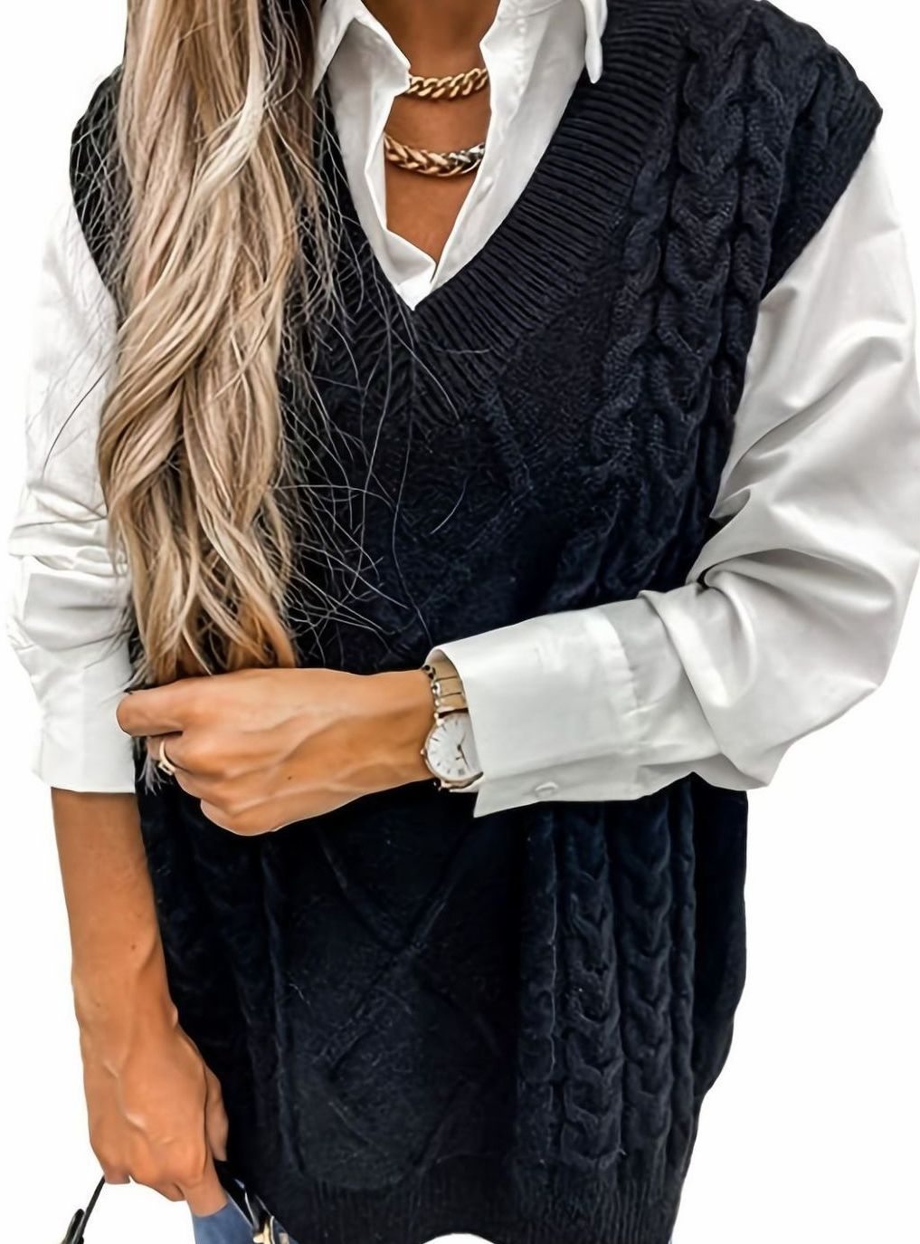 Women's Cable-Knit V-Neck Sweater Vest Relaxed Pullover