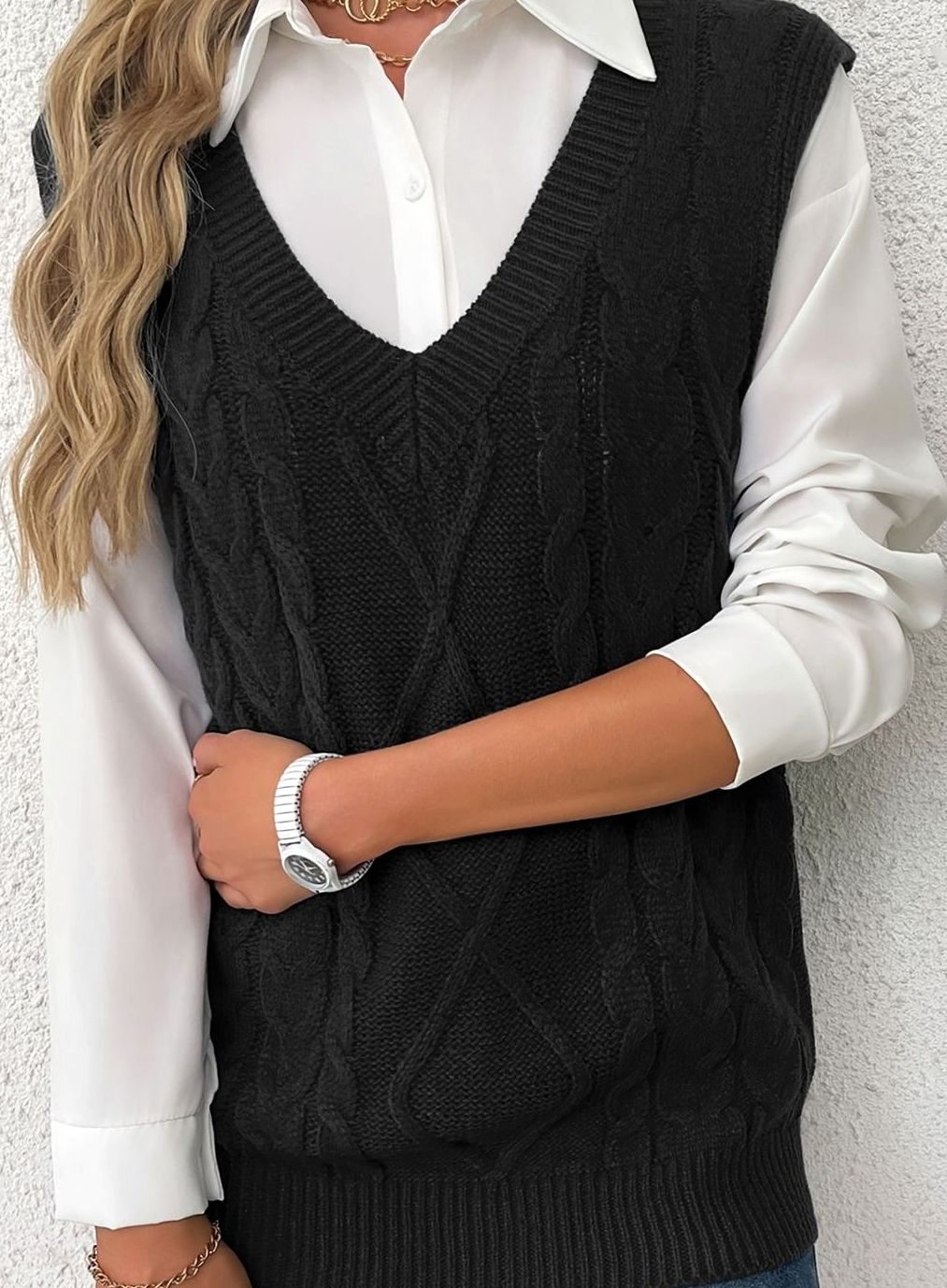 Women's Cable-Knit V-Neck Sweater Vest Relaxed Pullover