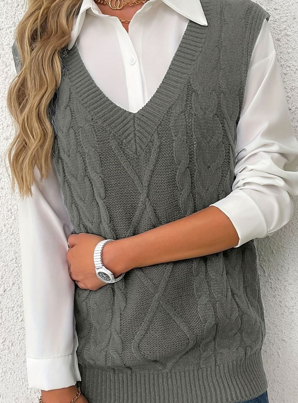 Women's Cable-Knit V-Neck Sweater Vest Relaxed Pullover