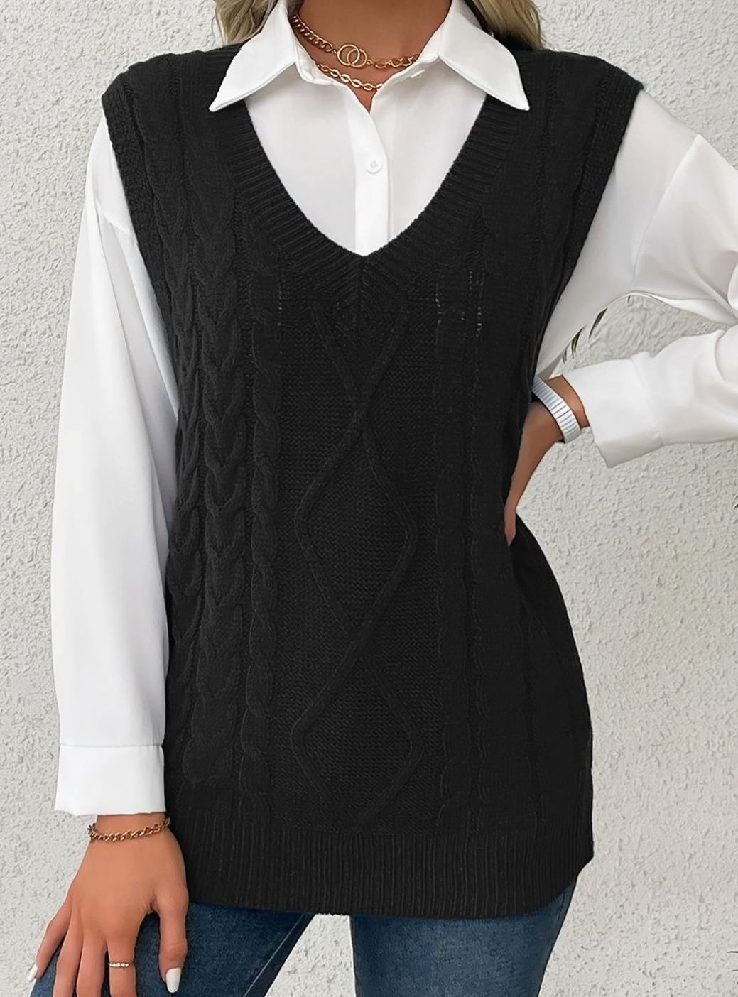 Women's Cable-Knit V-Neck Sweater Vest Relaxed Pullover