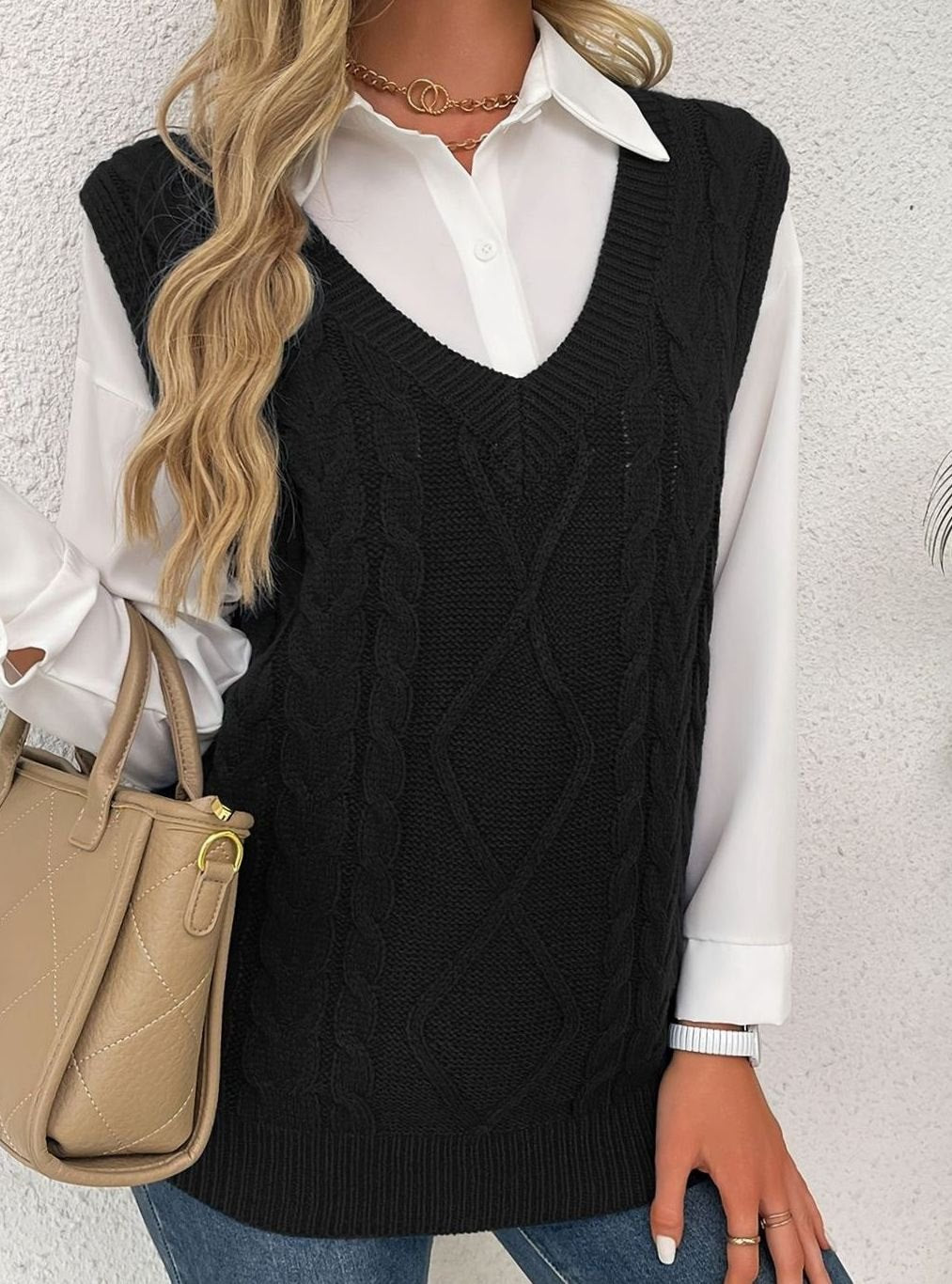 Women's Cable-Knit V-Neck Sweater Vest Relaxed Pullover