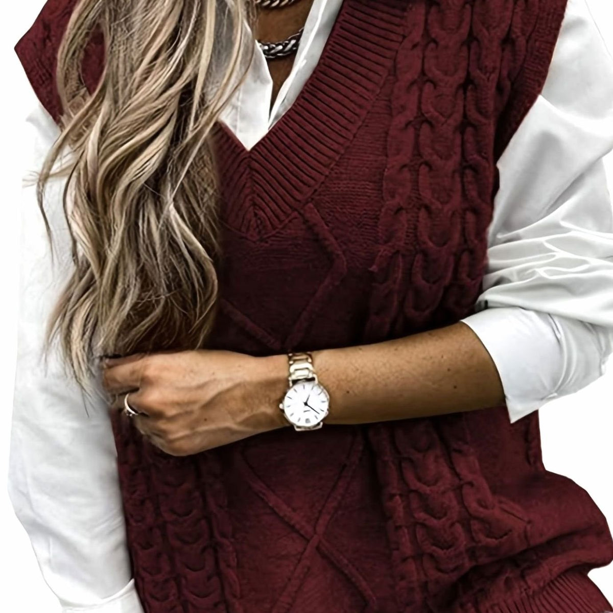 Women's Cable-Knit V-Neck Sweater Vest Relaxed Pullover - Burgundy