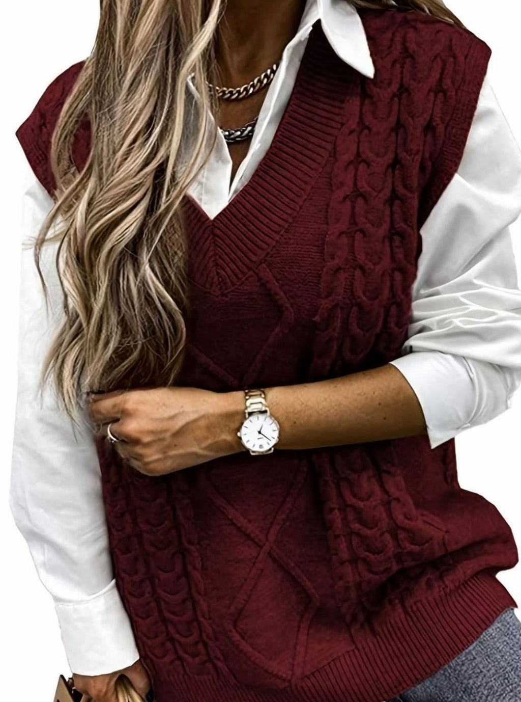 Women's Cable-Knit V-Neck Sweater Vest Relaxed Pullover