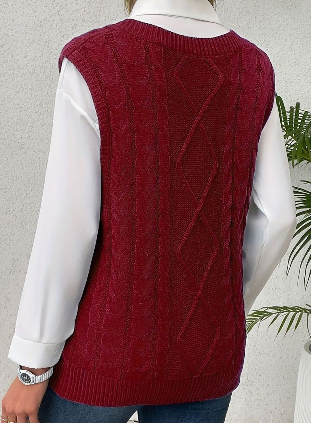Women's Cable-Knit V-Neck Sweater Vest Relaxed Pullover