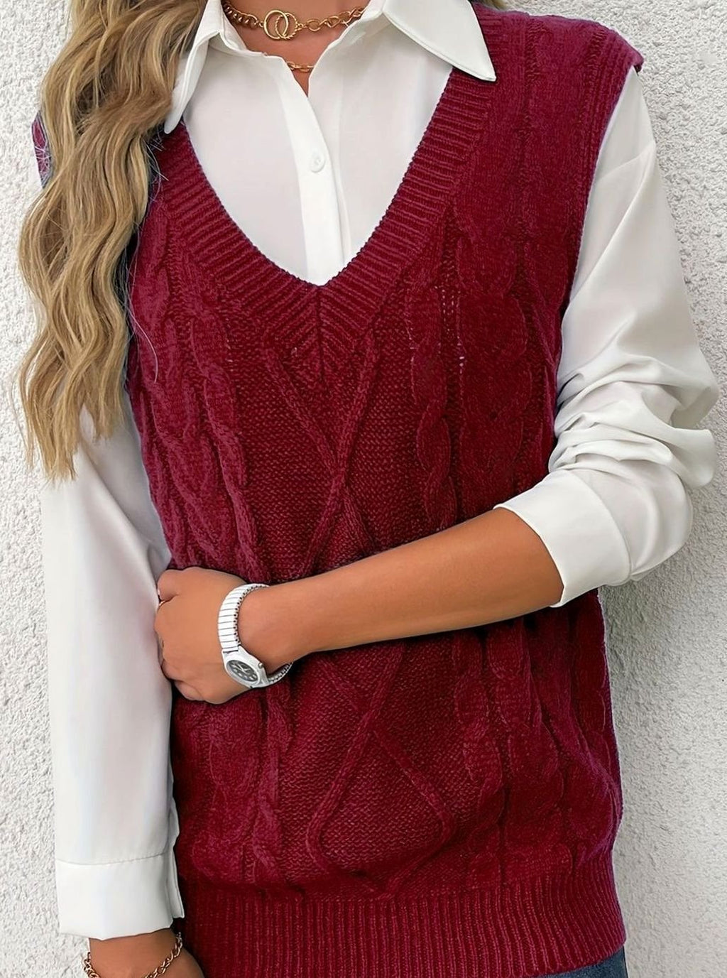 Women's Cable-Knit V-Neck Sweater Vest Relaxed Pullover