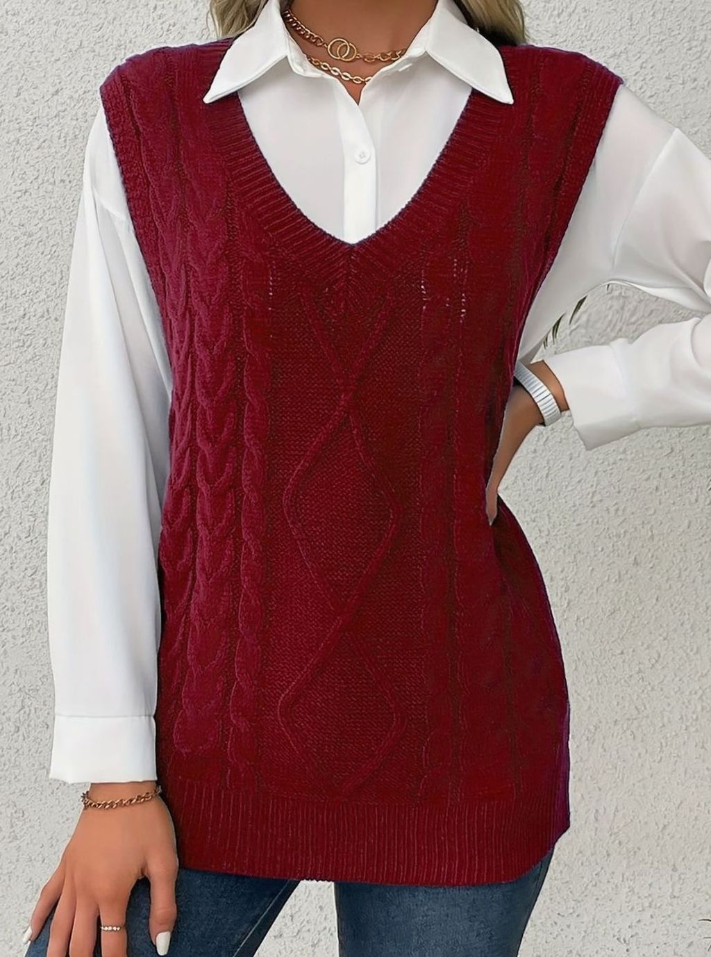 Women's Cable-Knit V-Neck Sweater Vest Relaxed Pullover