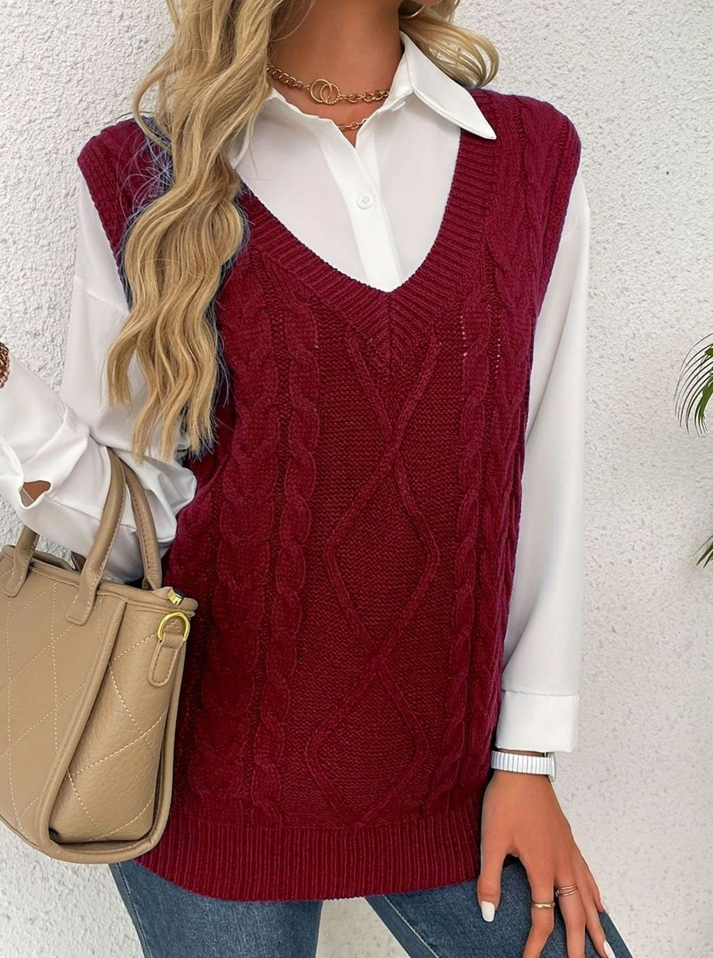 Women's Cable-Knit V-Neck Sweater Vest Relaxed Pullover
