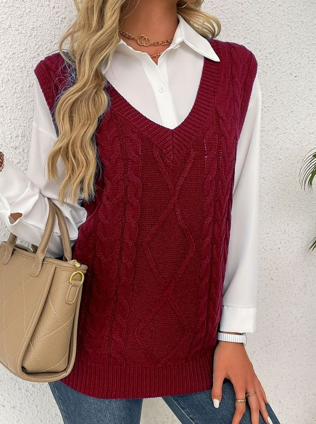 Women's Cable-Knit V-Neck Sweater Vest Relaxed Pullover