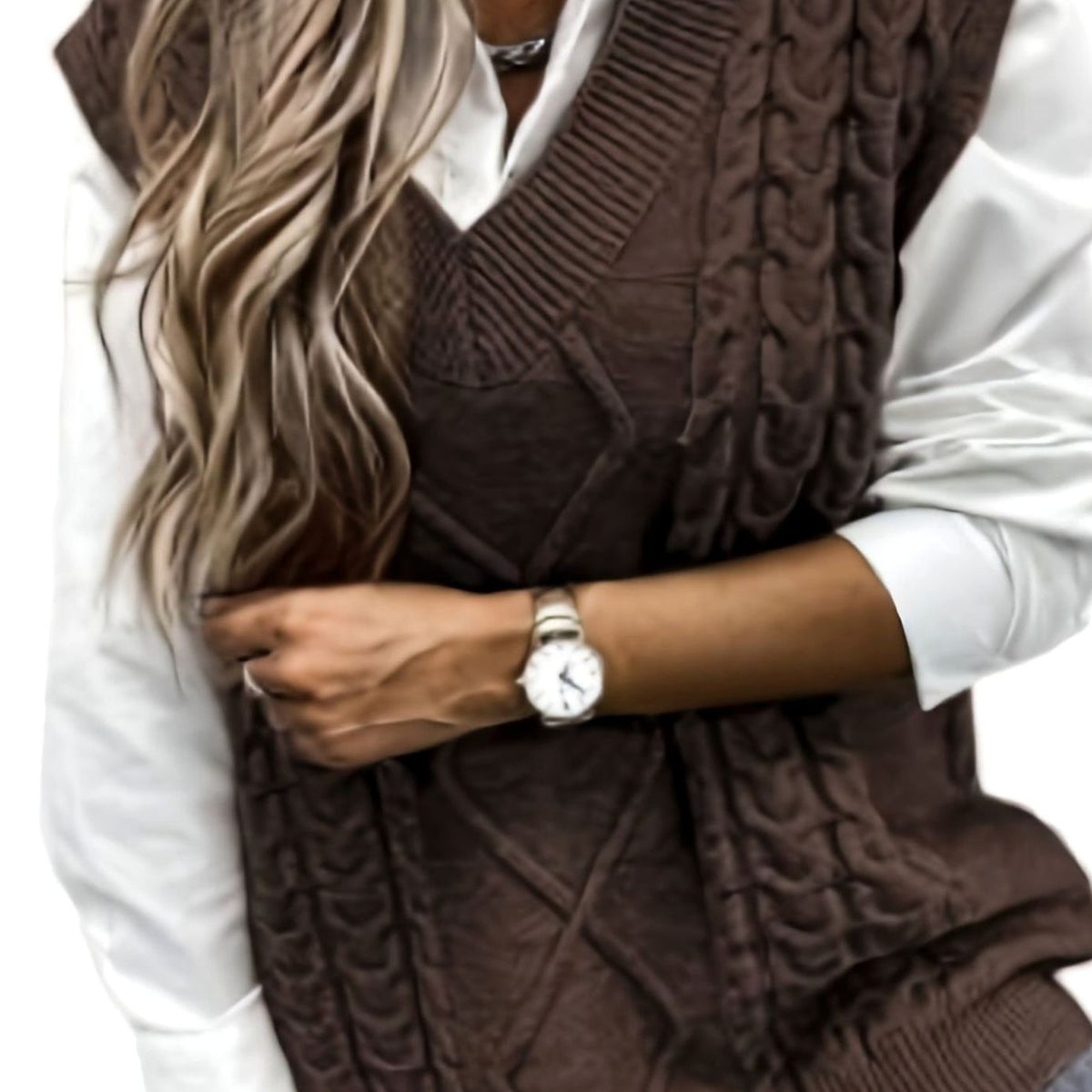 Women's Cable-Knit V-Neck Sweater Vest Relaxed Pullover - Coffee Brown