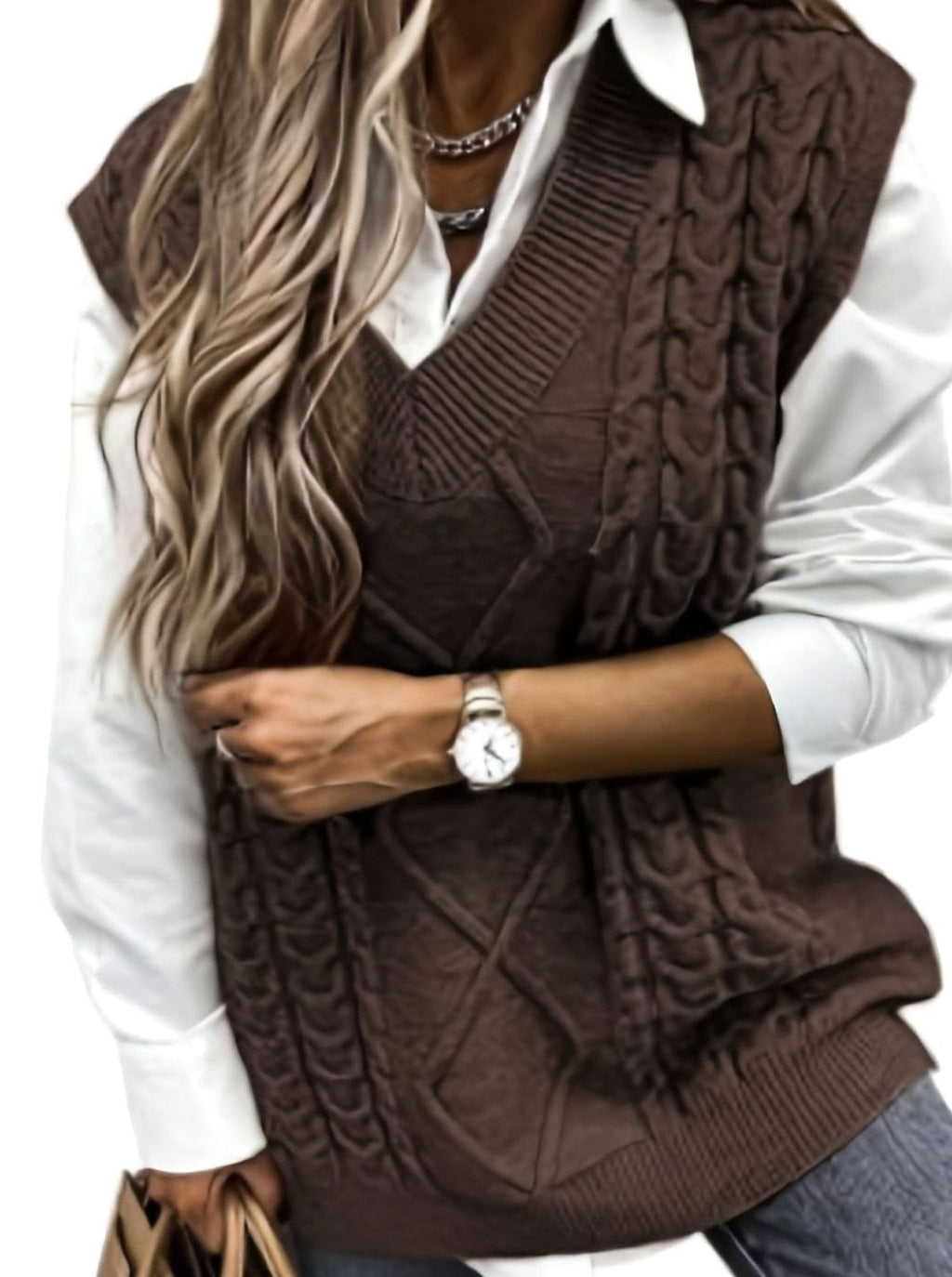 Women's Cable-Knit V-Neck Sweater Vest Relaxed Pullover