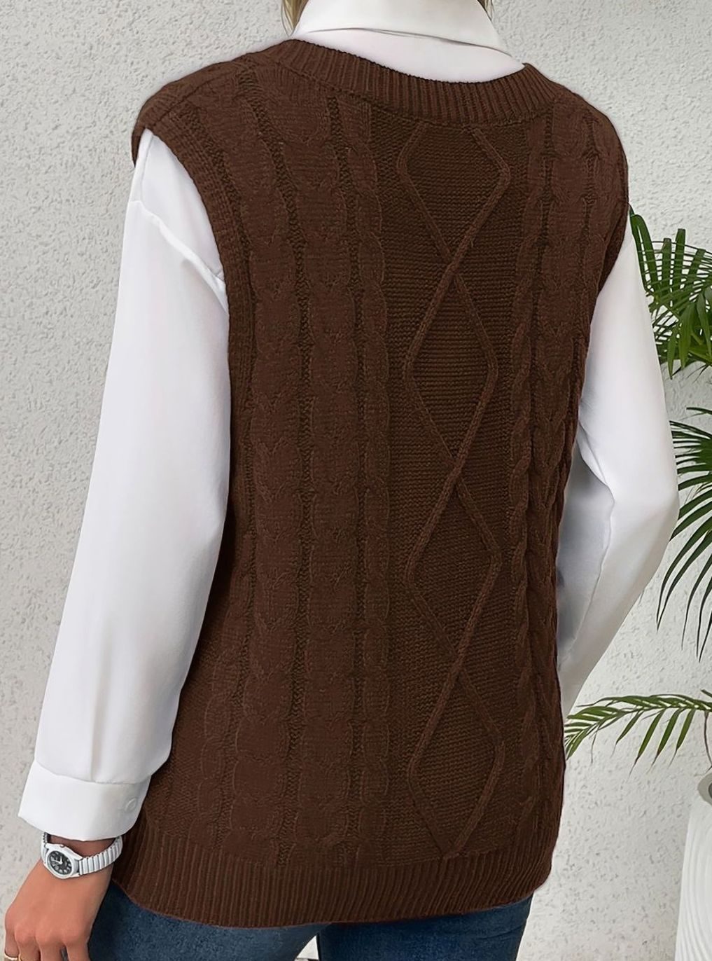 Women's Cable-Knit V-Neck Sweater Vest Relaxed Pullover