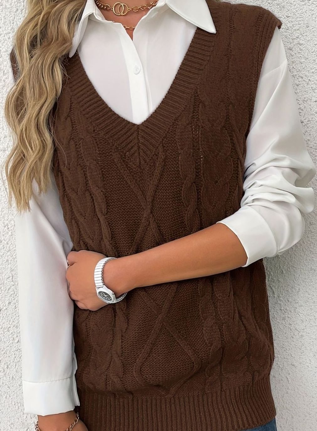 Women's Cable-Knit V-Neck Sweater Vest Relaxed Pullover