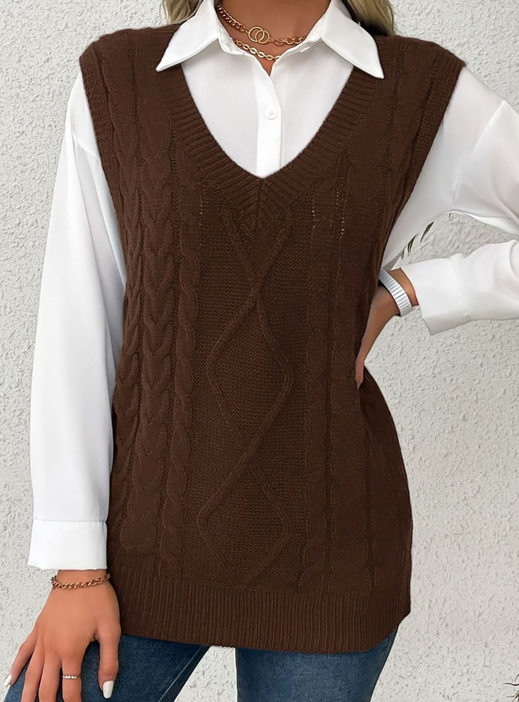 Women's Cable-Knit V-Neck Sweater Vest Relaxed Pullover
