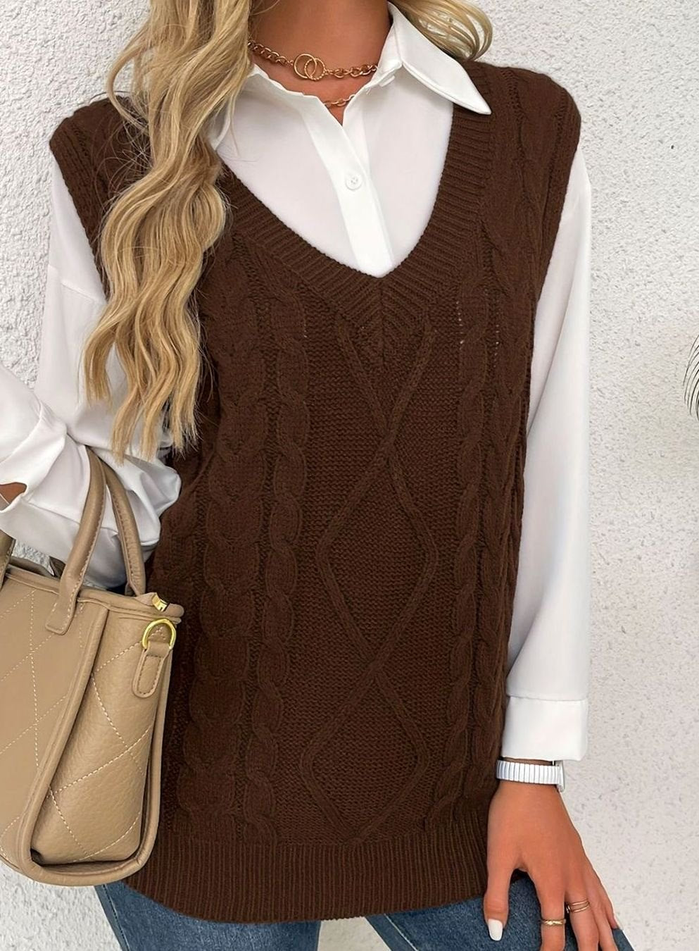 Women's Cable-Knit V-Neck Sweater Vest Relaxed Pullover