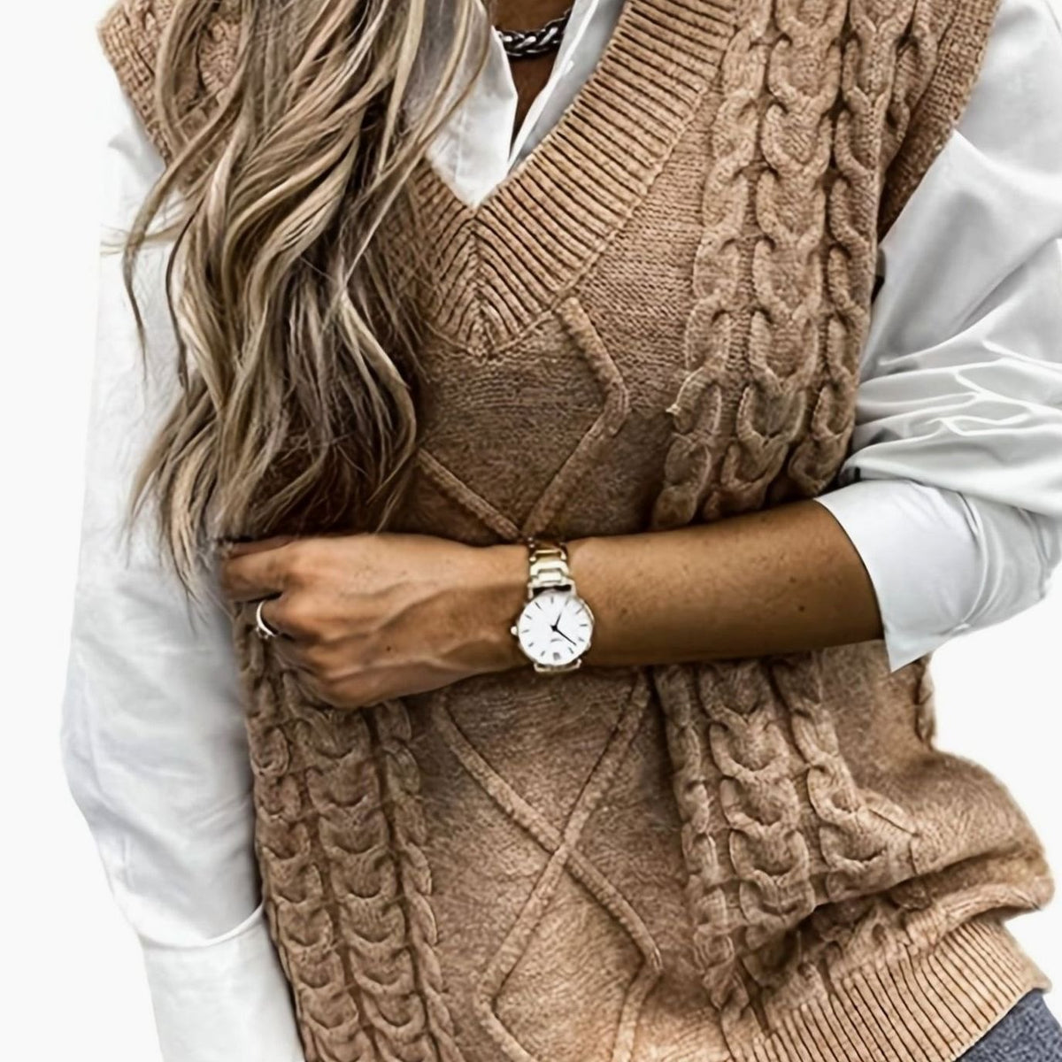 Women's Cable-Knit V-Neck Sweater Vest Relaxed Pullover - Khaki