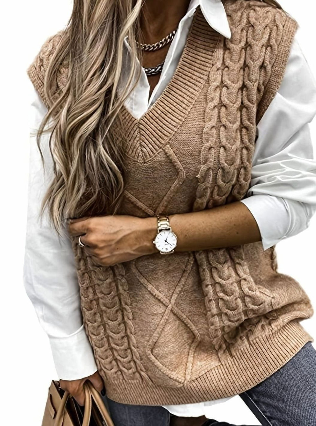 Women's Cable-Knit V-Neck Sweater Vest Relaxed Pullover