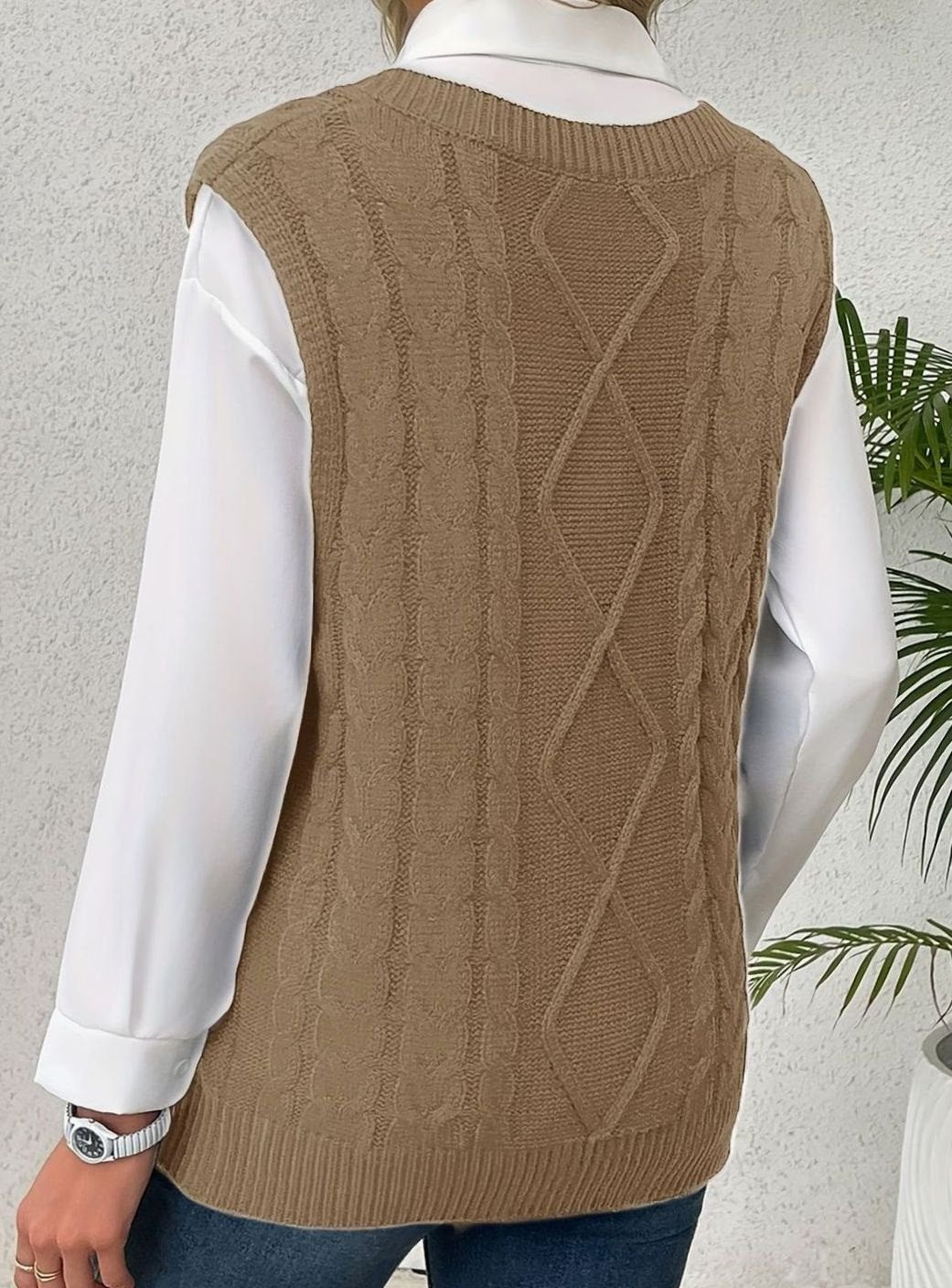 Women's Cable-Knit V-Neck Sweater Vest Relaxed Pullover