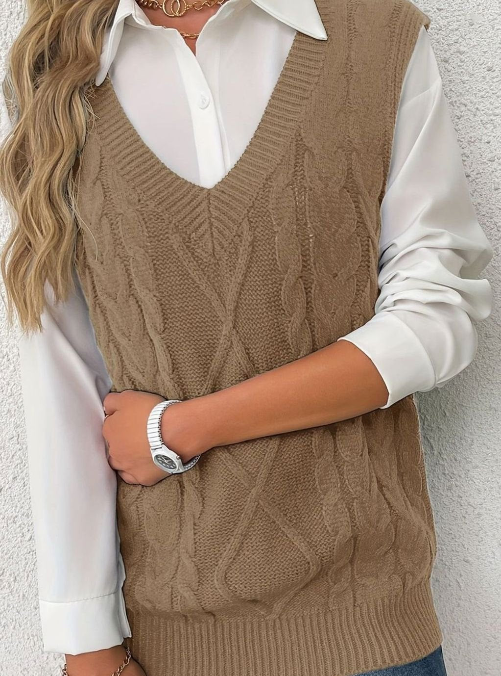 Women's Cable-Knit V-Neck Sweater Vest Relaxed Pullover