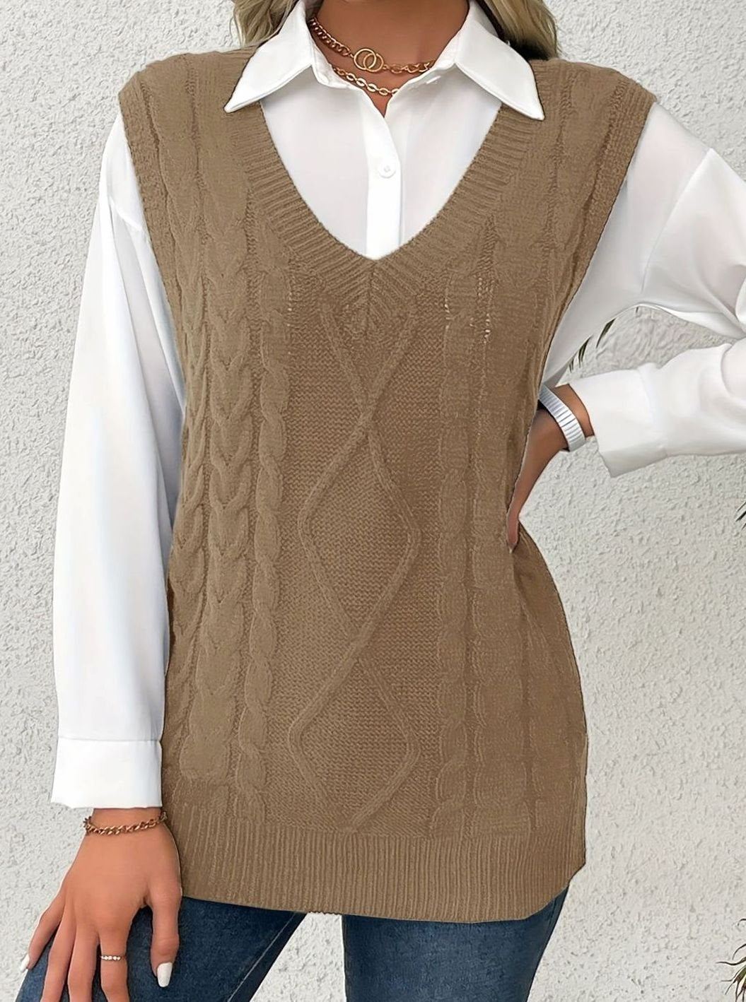 Women's Cable-Knit V-Neck Sweater Vest Relaxed Pullover