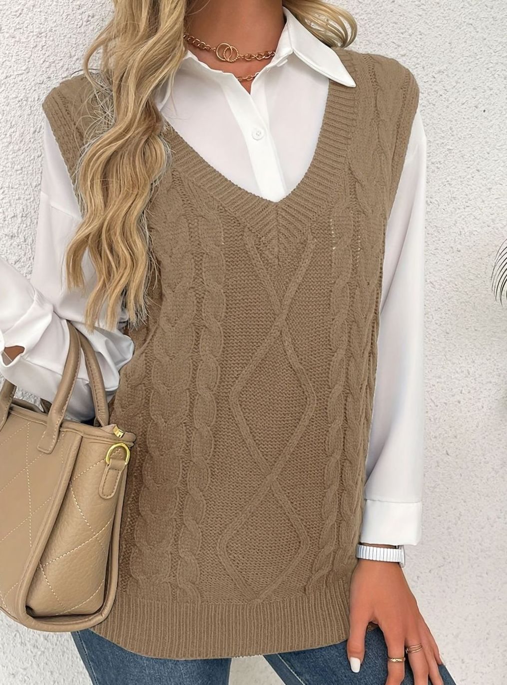 Women's Cable-Knit V-Neck Sweater Vest Relaxed Pullover