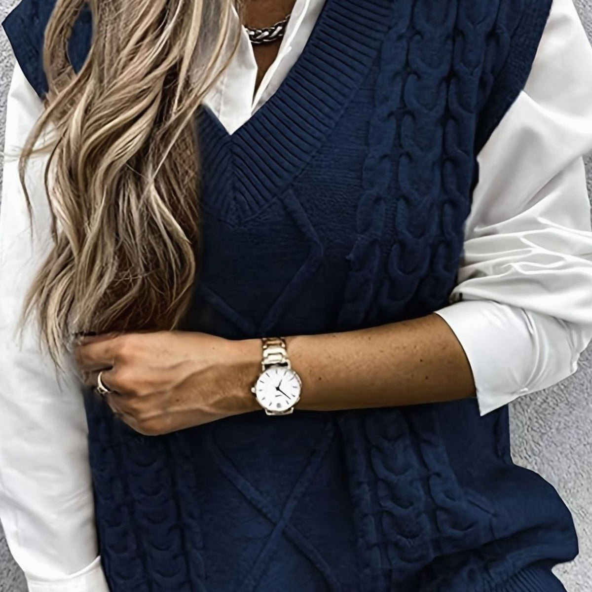 Women's Cable-Knit V-Neck Sweater Vest Relaxed Pullover - Navy