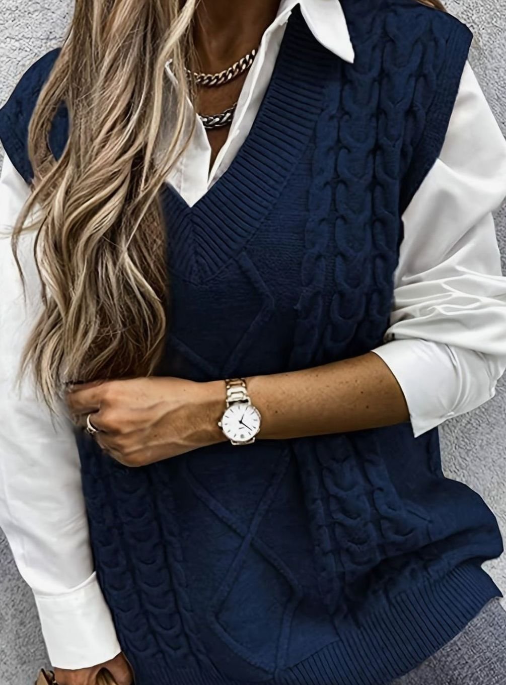 Women's Cable-Knit V-Neck Sweater Vest Relaxed Pullover
