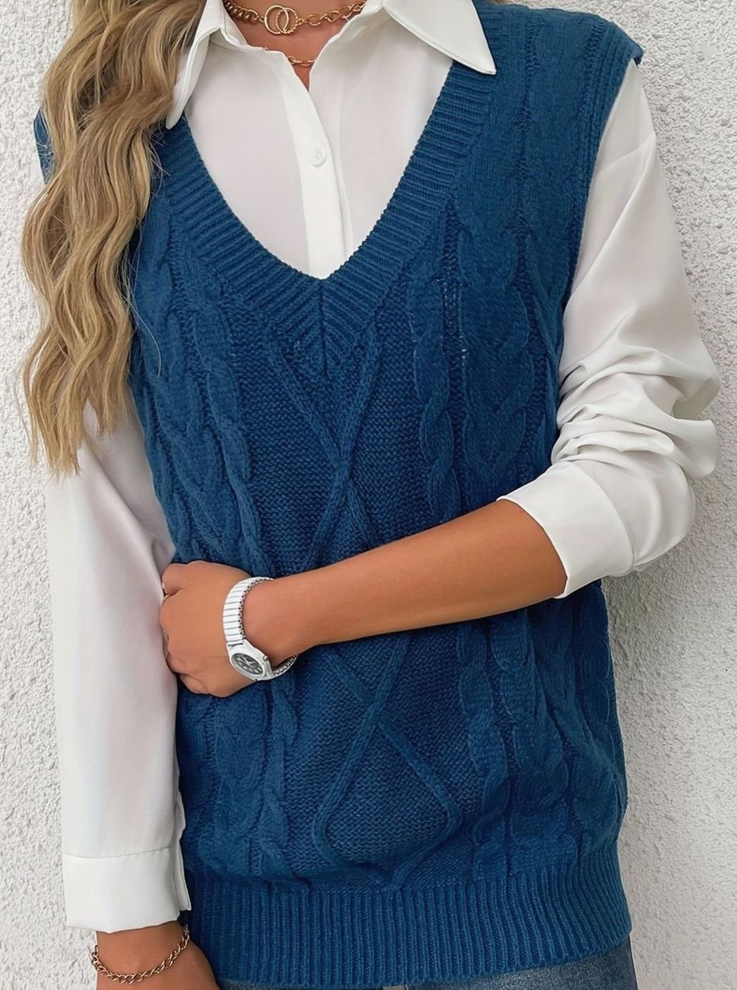 Women's Cable-Knit V-Neck Sweater Vest Relaxed Pullover