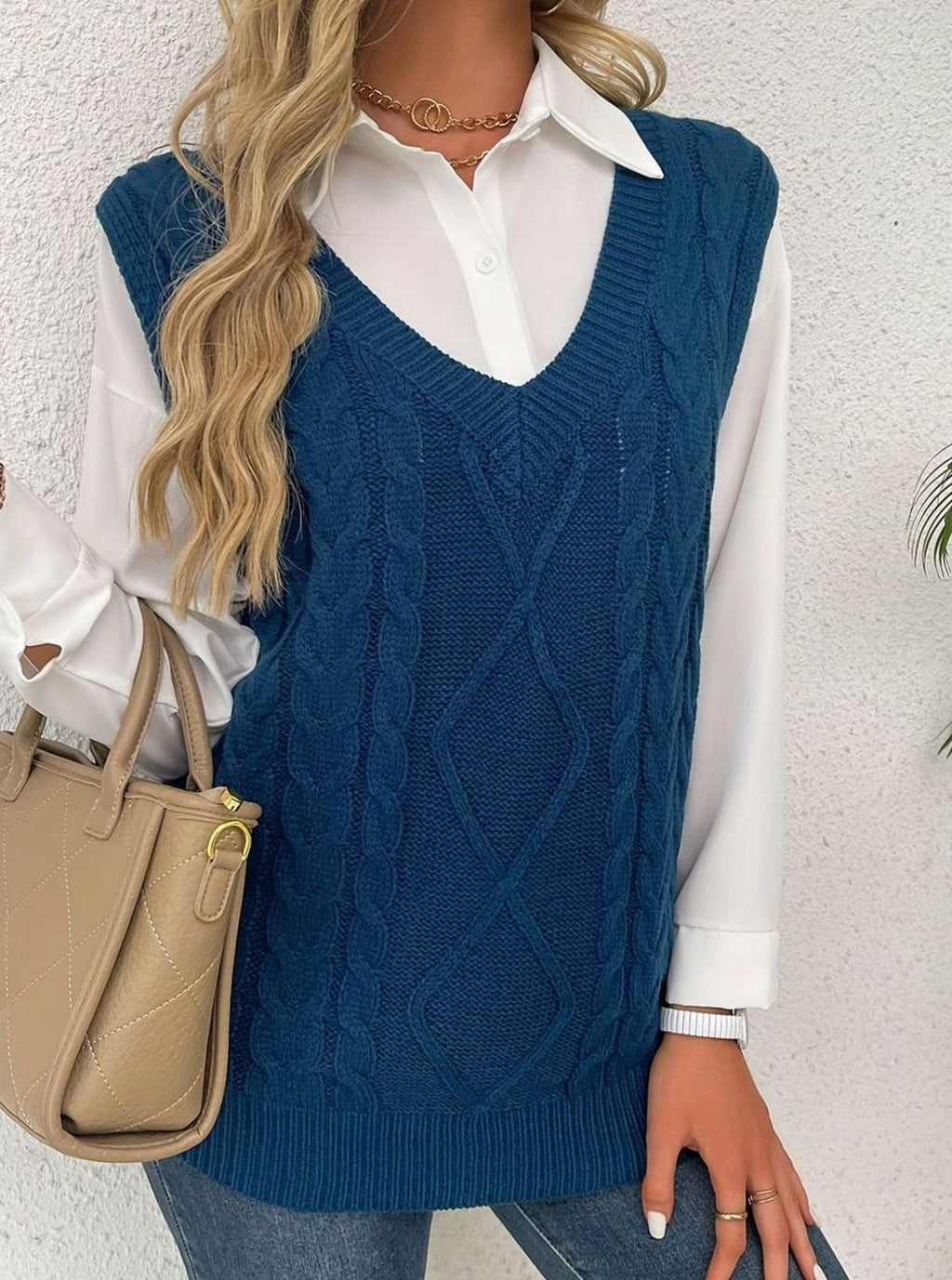 Women's Cable-Knit V-Neck Sweater Vest Relaxed Pullover