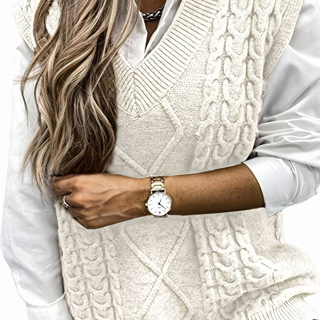 Women's Cable-Knit V-Neck Sweater Vest Relaxed Pullover - Milky White