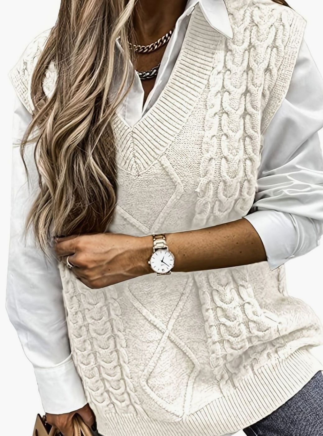 Women's Cable-Knit V-Neck Sweater Vest Relaxed Pullover