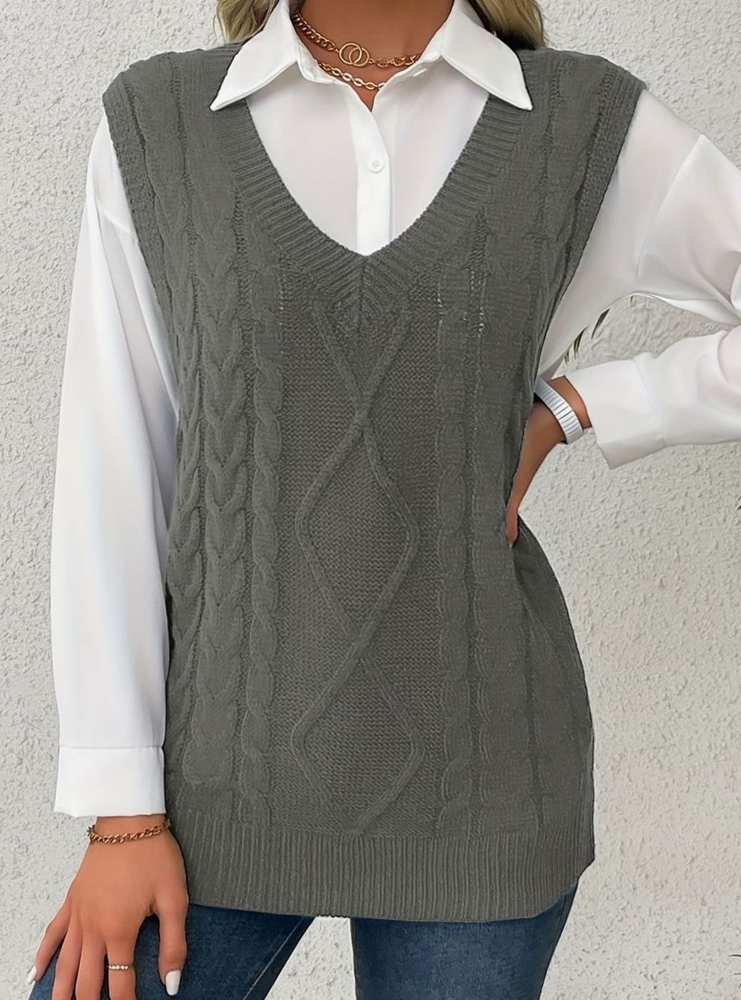 Women's Cable-Knit V-Neck Sweater Vest Relaxed Pullover