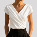 Women's Cap Sleeve Draped Wrap V-Neck Blouse Top - White