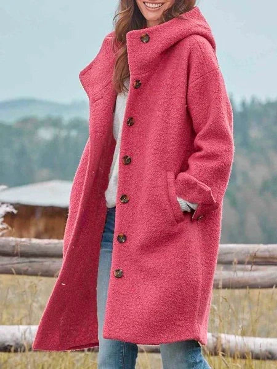 Women's Casual Hooded Fleece Button-Front Long Coat - Pink