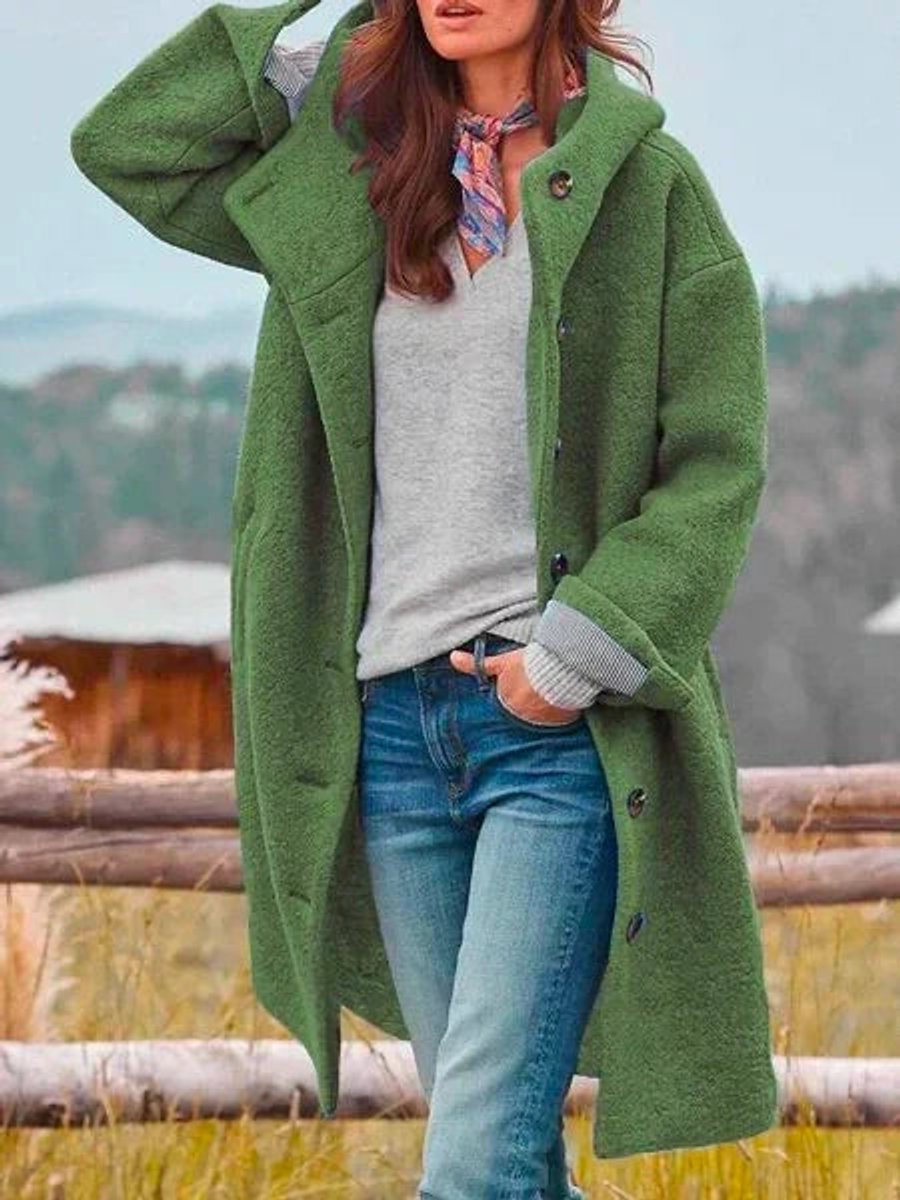 Women's Casual Hooded Fleece Button-Front Long Coat - Dark Green