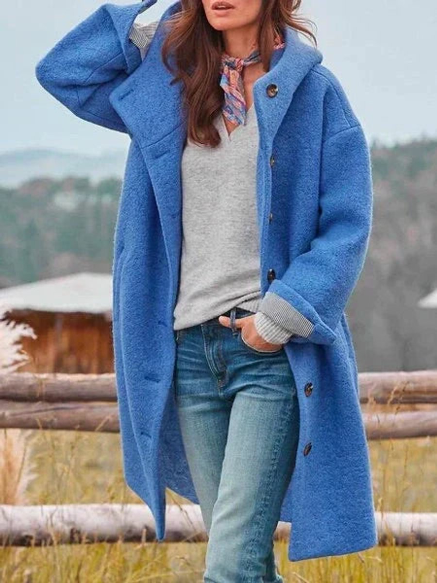 Women's Casual Hooded Fleece Button-Front Long Coat - Blue