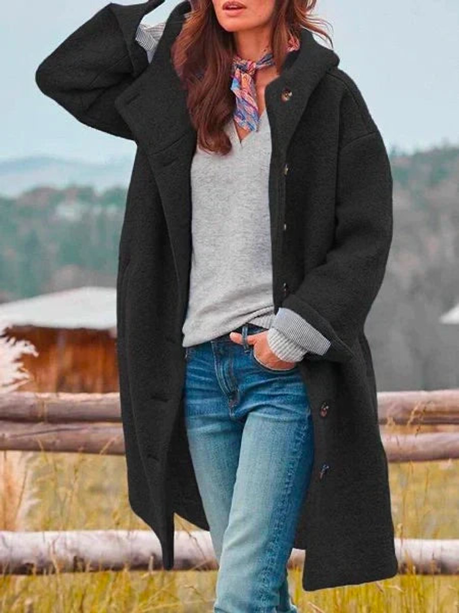 Women's Casual Hooded Fleece Button-Front Long Coat - Black